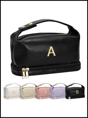 Personalized Makeup Bag with Handle, Double Layer Cosmetic Bag with Brush